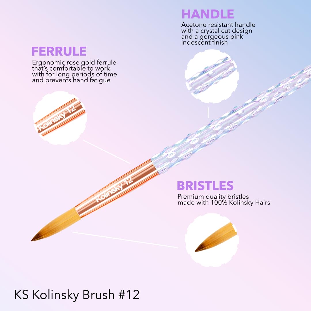 Kiara Sky Kolinsky Acrylic Nail Brush #10 – Pure Kolinsky Sable Hair, Iridescent Crystal Handle, Acetone Resistant, for Acrylic Application, Extensions & 3D Nail Art - Image 3