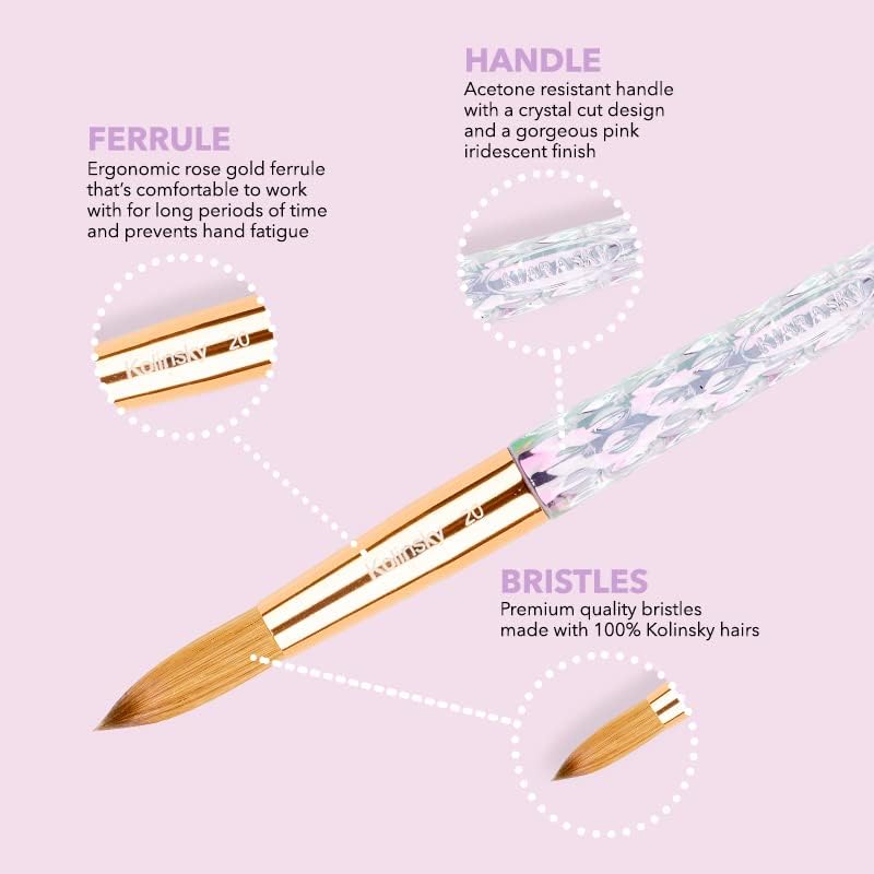 Kiara Sky Kolinsky Acrylic Nail Brush #18 – Pure Kolinsky Sable Hair, Iridescent Crystal Handle, Acetone Resistant, for Acrylic Application, Extensions & 3D Nail Art - Image 4
