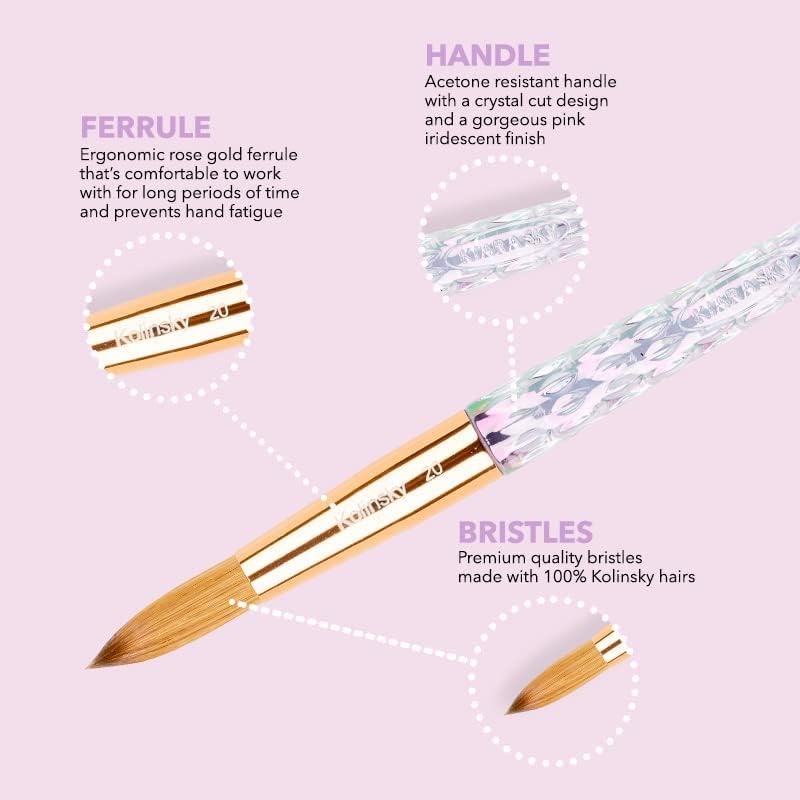 Kiara Sky Kolinsky Acrylic Nail Brush #16 – Pure Kolinsky Sable Hair, Iridescent Crystal Handle, Acetone Resistant, for Acrylic Application, Extensions & 3D Nail Art - Image 4