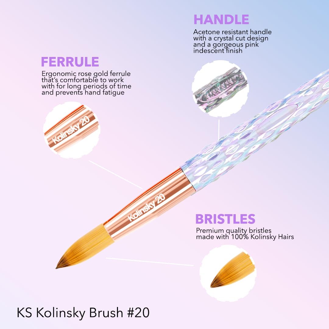 Kiara Sky Kolinsky Acrylic Nail Brush #8 – Pure Kolinsky Sable Hair, Iridescent Crystal Handle, Acetone Resistant, for Acrylic Application, Extensions & 3D Nail Art - Image 3
